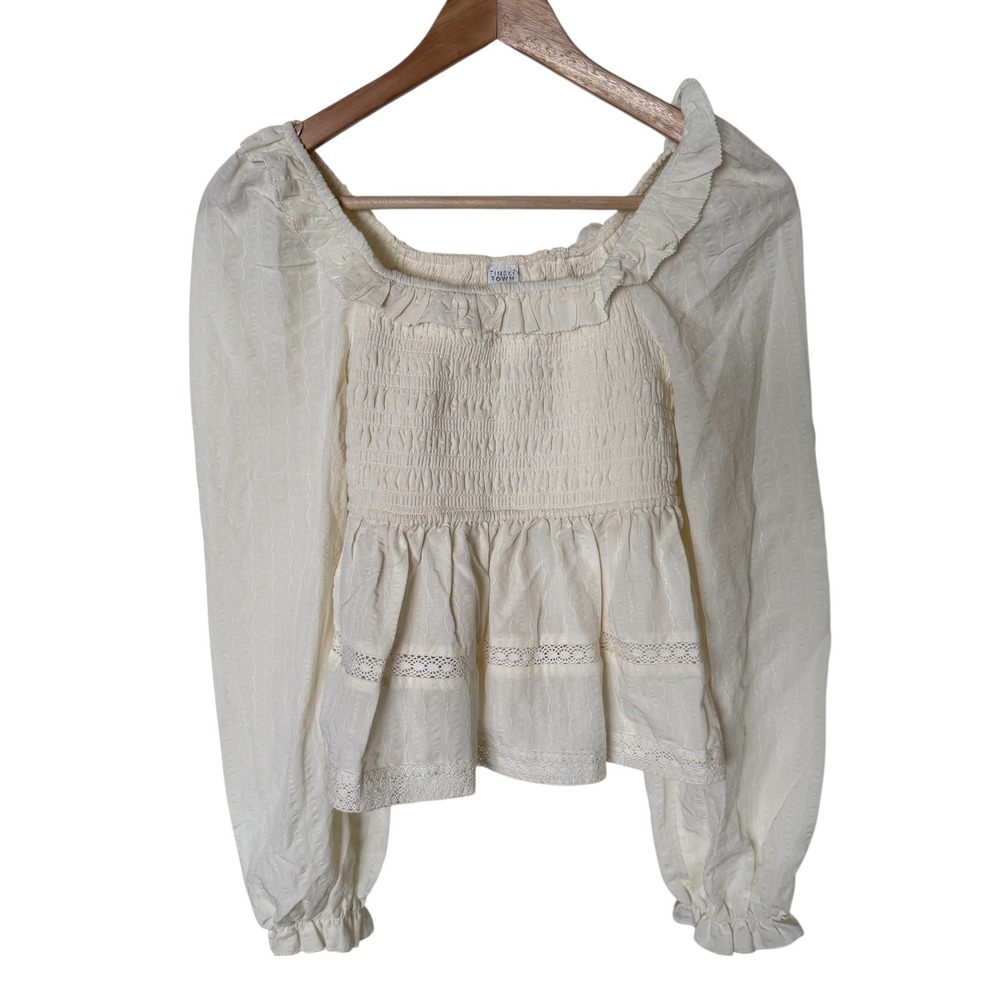 Tinsel Town Cream Smocked‎ Peplum Top Square Neck Ruffle Long Sleeve M